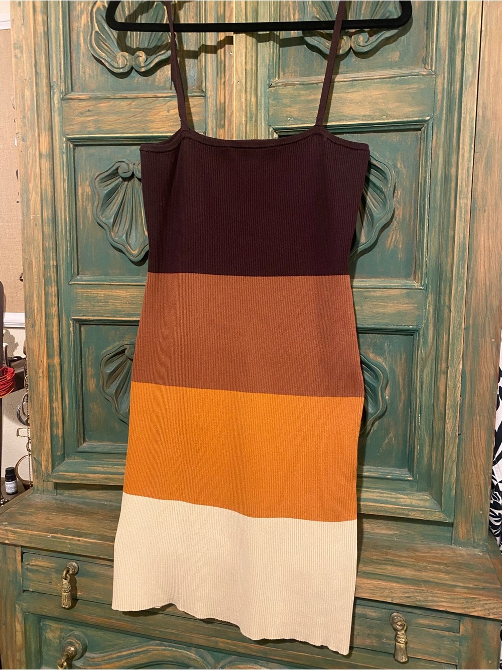 Fashion Nova Brown, Tan, Mustard & Cream Colorblock Slip Dress